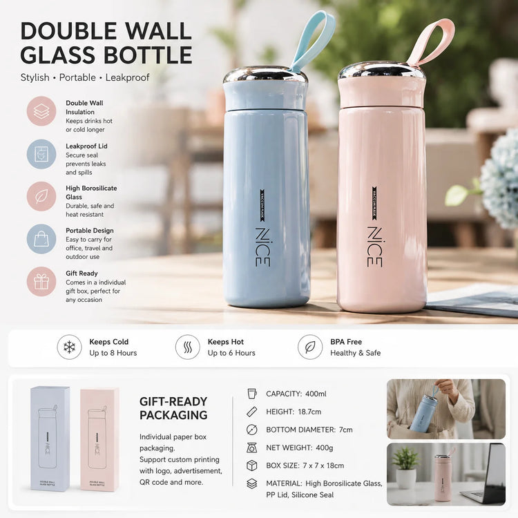 Double Wall Glass Water Bottle – Insulated Travel Cup, 400ml