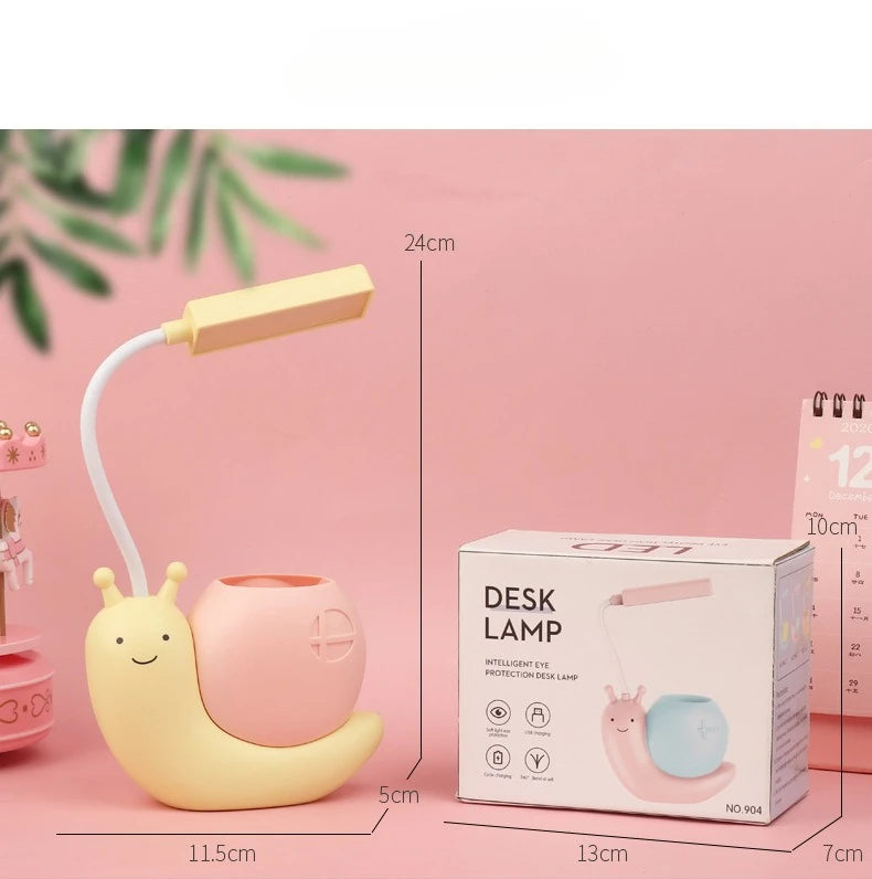 Snail LED Desk Lamp with Pen Holder — USB Rechargeable Bendable Night Light for Kids
