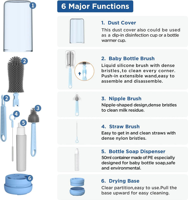 Portable Silicone Bottle Brush Set with Pacifier Brush & Drain Rack