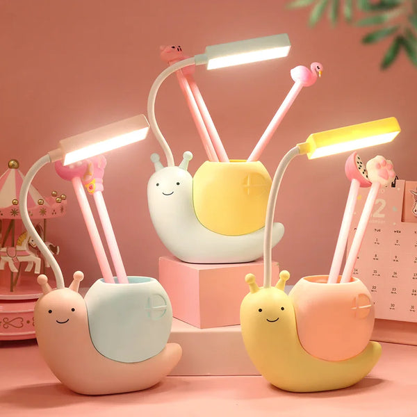 Snail LED Desk Lamp with Pen Holder — USB Rechargeable Bendable Night Light for Kids